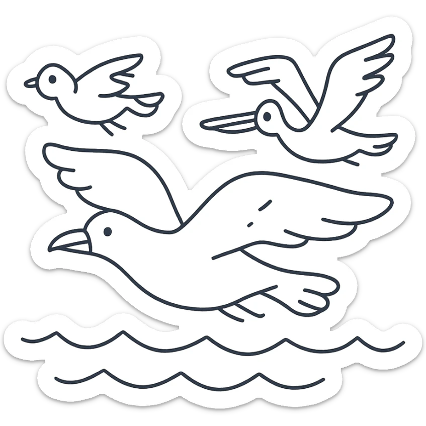 Cartoon coloring book for children. Fly over the sea birds of various species. Black and white line vector illustration. sticker