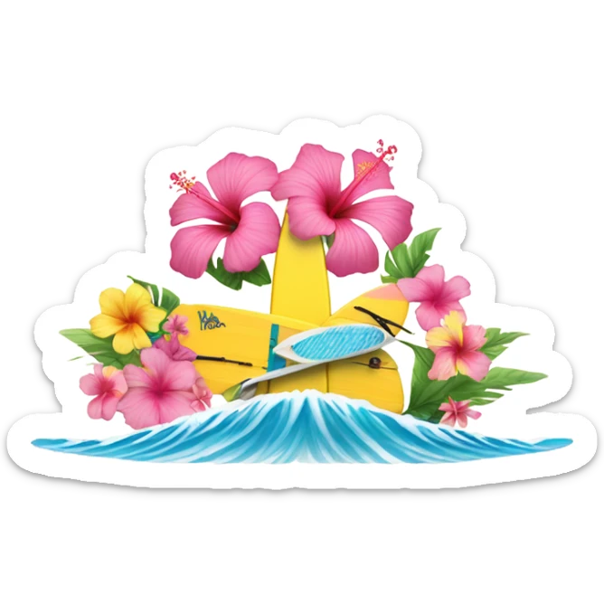 Assign saying aloha with pink and yellow hibiscus and ocean waves and a surfboard sticker
