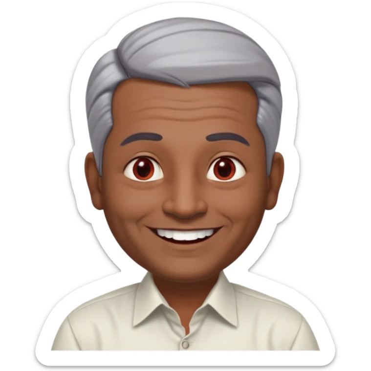 50 yr old indian man, dark skin, grey hair, big smile, white teeth, chubby, no moustache, clean shaven, young style hair, hair brushed back, 5 oclock shadow, bindy, dress shirt, forehead dot, chubby, religious, red dot, fancy hair sticker