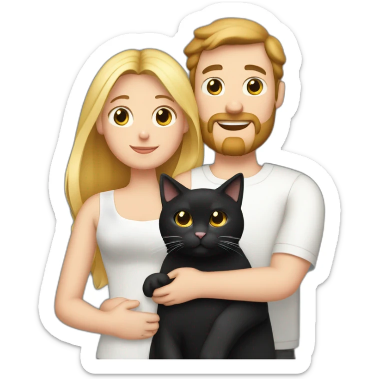 Family photo a fat husband with a beard is holding a white cat and wife with straight hair is holding another black cat sticker