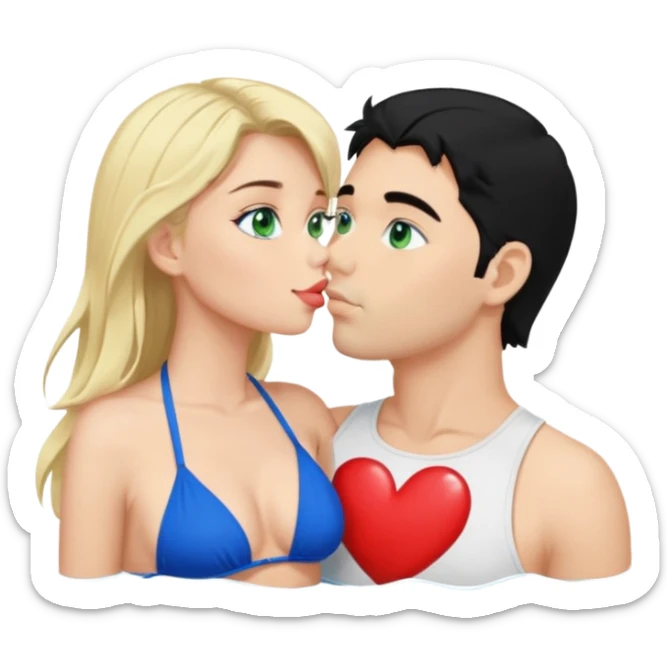 Blonde Woman Green eyes blue Bikini whole body Kissing man black Hair blue eyes Hearts in Body sticker