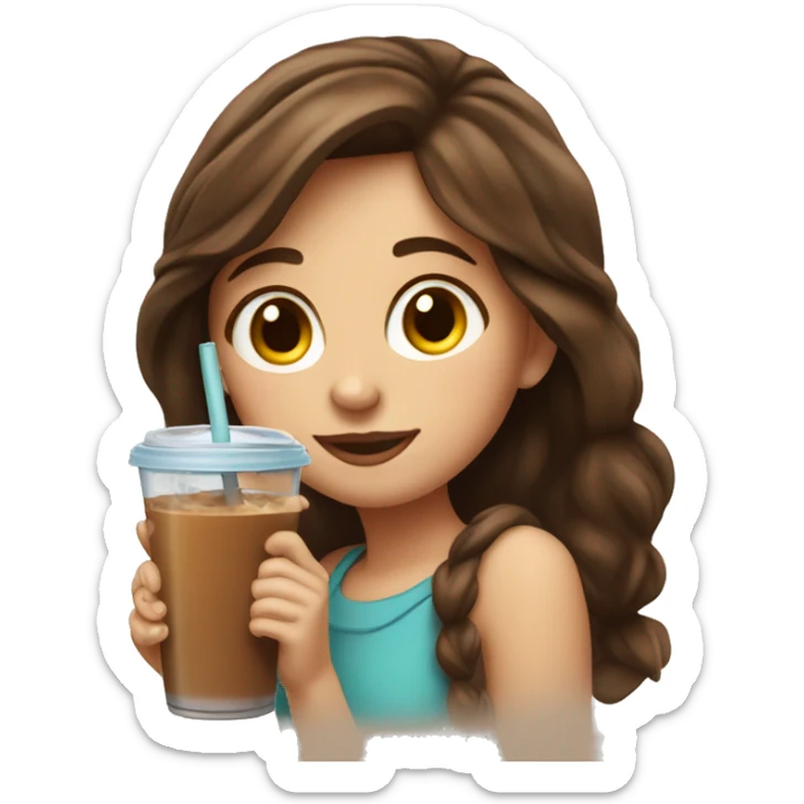 Pretty girl with brown hair sipping iced coffee through a straw sticker
