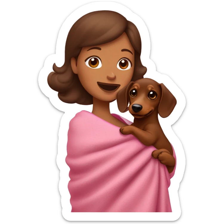 a woman with brown hair is cradling her puppy in a pink baby blanket. the puppy is a brown dachshund dog. the woman is smiling with mouth ajar. you can see the woman cradling the puppy like a baby from her waist up.  sticker