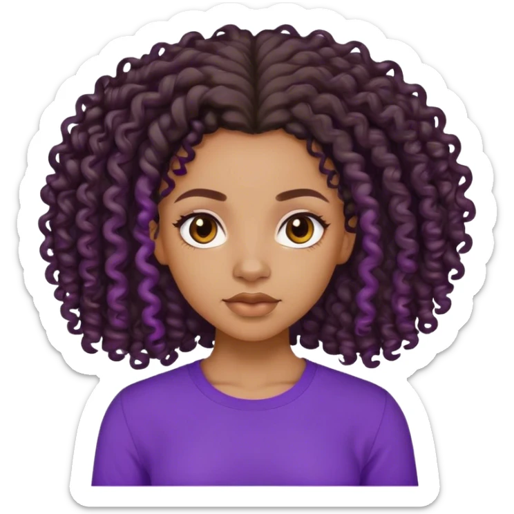 A lightskin black girl with  long 4a curls and purple shirt sticker