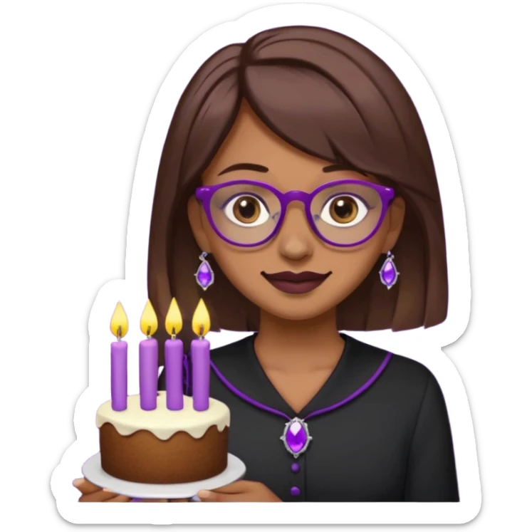 Cute ironic emoji woman, RIP 20’s theme.
Brown medium hair, grey eyes, purple glasses, nose piercing, tooth gem.
Black mourning outfit, cake with 29 candles.
Dark-cute minimal style, flat emoji design, clean lines.
Transparent background. sticker
