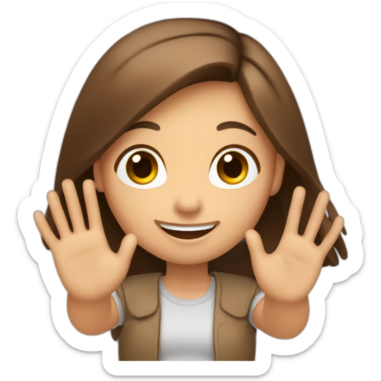Girl with brown, long and straight hair smiling kindly and waving with the left hand sticker