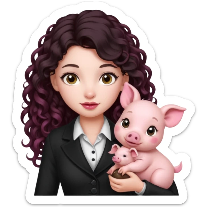 Ragazza bellissima sexy vestita bene capelli lunghi scuri con un piccolo maialino sticker