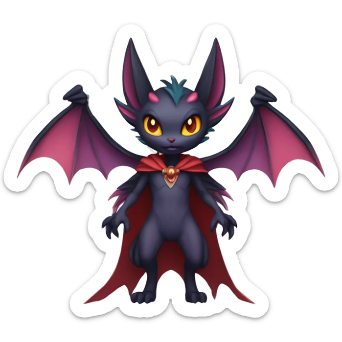  Anthro Kawaii Edgy Cool Vampiric Demonic Beautiful Noivern-Nargacuga-Litten with big Bat Ears and wearing a cape full body sticker