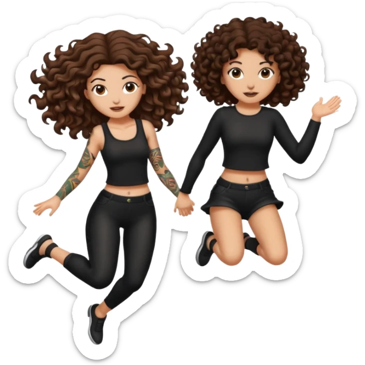 cauldron burst — long wavy brown hair tattooed woman and short tight curly brown hair woman — jumping back sticker