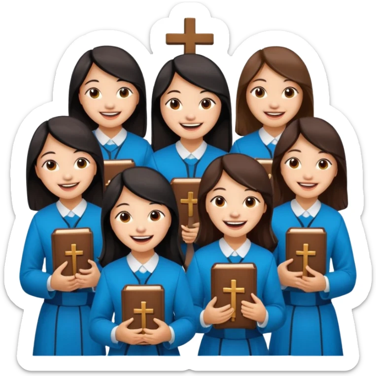 eight asian girls laughing with each other holding bibles and crosses and sticker
