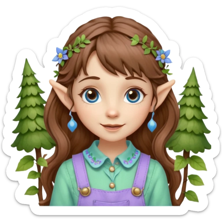 Kind happy whimsical quirky Girl toymaker, wood carving elf. Woodland nature creator. Blue eyes. brown hair (just below chin length) wavy hair & bangs. Whimsical playful cute. Overalls with nature embroidered cute shirt collar. Light green, light purple and light blue colour aesthetic  sticker