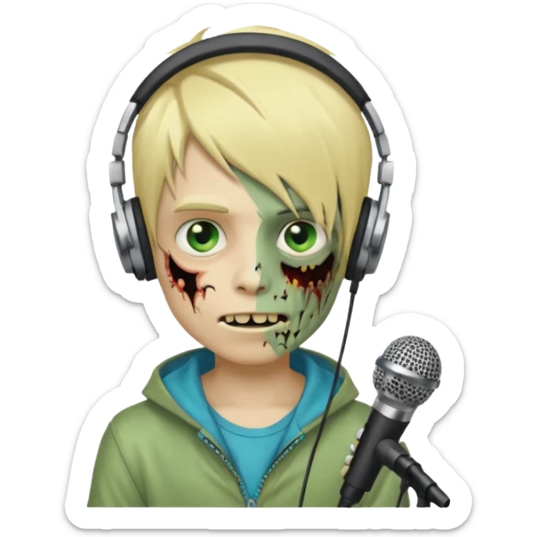 boy zombie whit blonde emo hair and eyes blue and GREEN SKIN and heandphones AND A MICROFONE AND GOLD TEETH  sticker