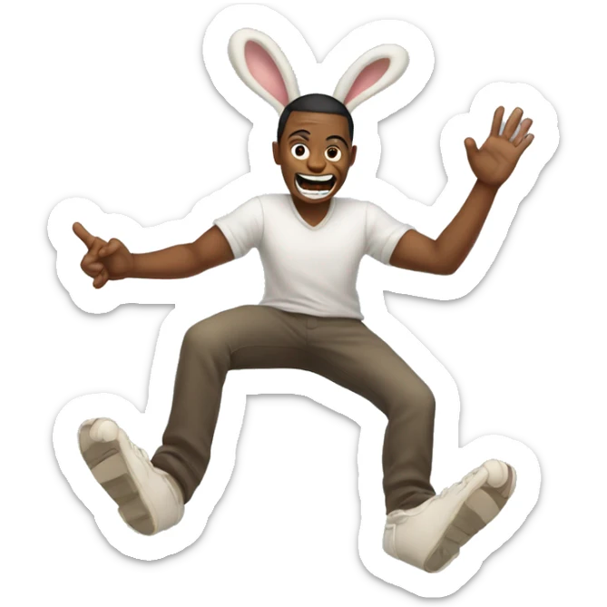 Human with rabbit teeth with feet kicking in the back and hands holding up his face sticker