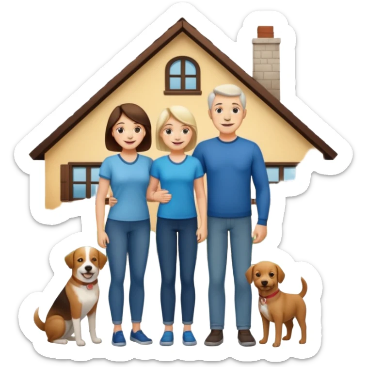 a mom and dad standing in front of a house with their son and a dog next to them sticker