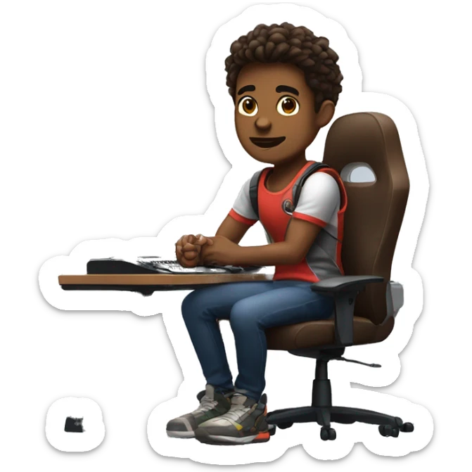  a brown skin gamer sitting in front of gaming pc and play games sticker
