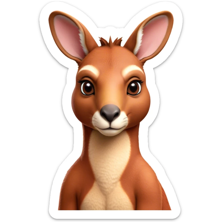 Cinematic Noble Adult Red Kangaroo Portrait Emoji, Poised and regal, with a robust, muscular build, tawny reddish fur, and a distinctive red kangaroo-shaped head featuring a slightly elongated snout, prominent ears, and keen, observant eyes, Simplified yet sharp and sophisticated features, highly detailed, glowing with a warm, sunlit glow, high shine, intelligent and commanding, stylized with an air of outback authority, focused and vigilant, soft glowing outline, capturing the essence of a watchful guardian that seems ready to bound out of the screen with effortless power! sticker