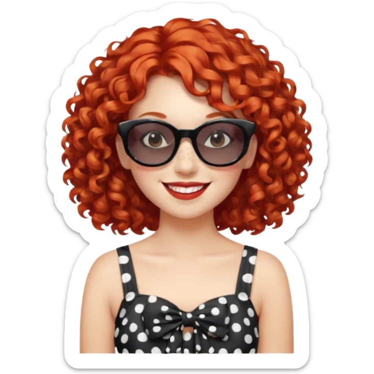 young fashionable woman, curly red hair, wearing a polka dot dress and sunglasses, cheerful expression sticker