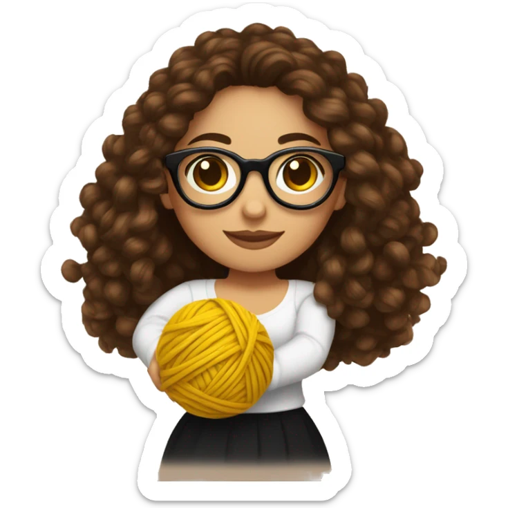 very pretty Hispanic woman that has long brown curly hair holding one ball of yarn with both hands wearing a black shirt and black glasses sticker