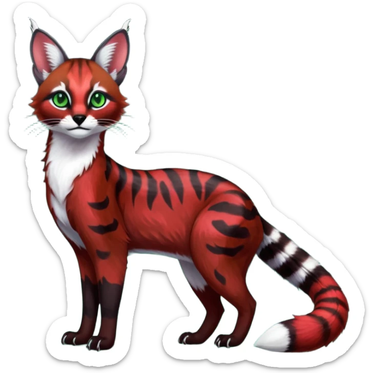 Colorful dark tropical sanguine-red, black, white fur, with green eyes, iridescent glorious divine exotic cute cool beautiful shiny beautiful fantasy-caracal-civet-genet-sergal-vernid-Cacomistle-oncilla-animal-Fakémon-hybrid-fursona with pattern markings (full body) sticker