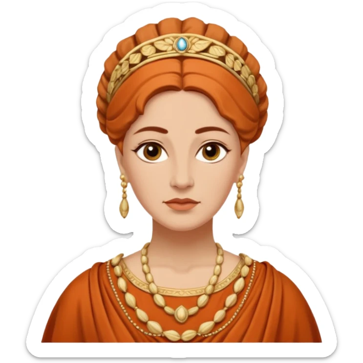 An emoji portrait of a mature Greek noblewoman. She wears a terracotta-colored chiton with intricate embroidery. Her hair is styled in an elegant updo, and she has a calm, wise expression. sticker