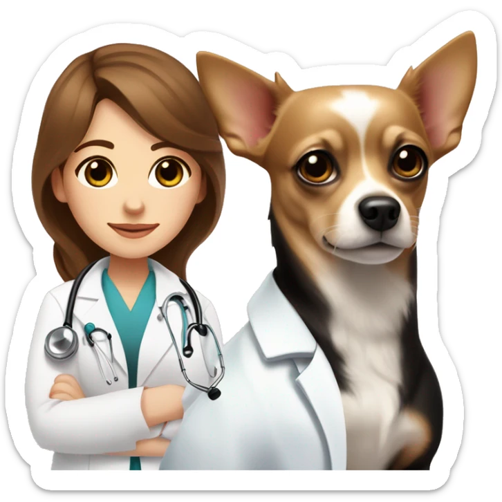 Veterinary doctor white woman with long brown wavy hair and brown eyes, wearing a white coat , a pink stethoscope around neck and standing next to a solid black colored chihuahua dog  sticker