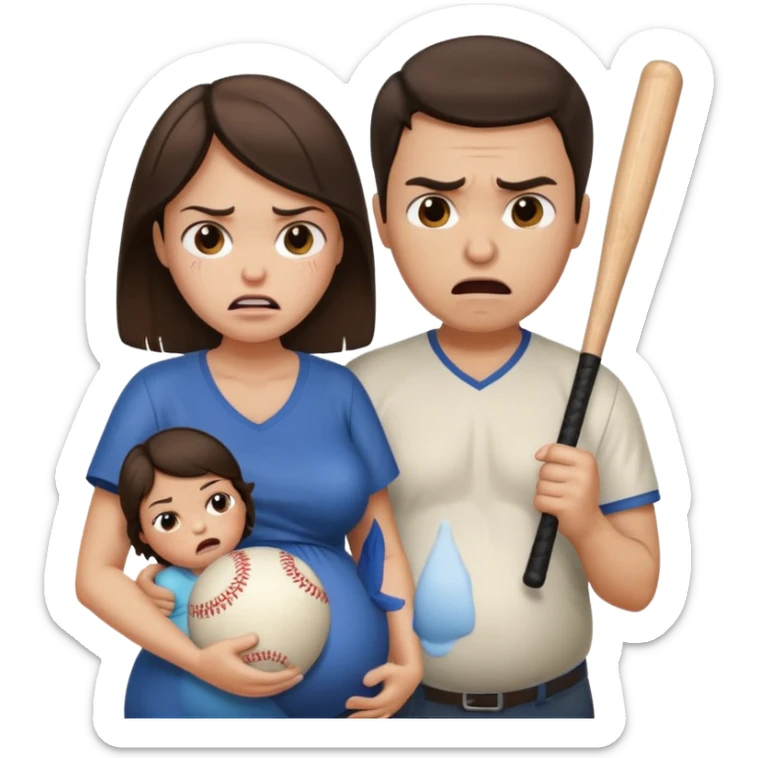 A angry brunette man holding a baseball bat towards a brunette pregnant woman who is crying sticker