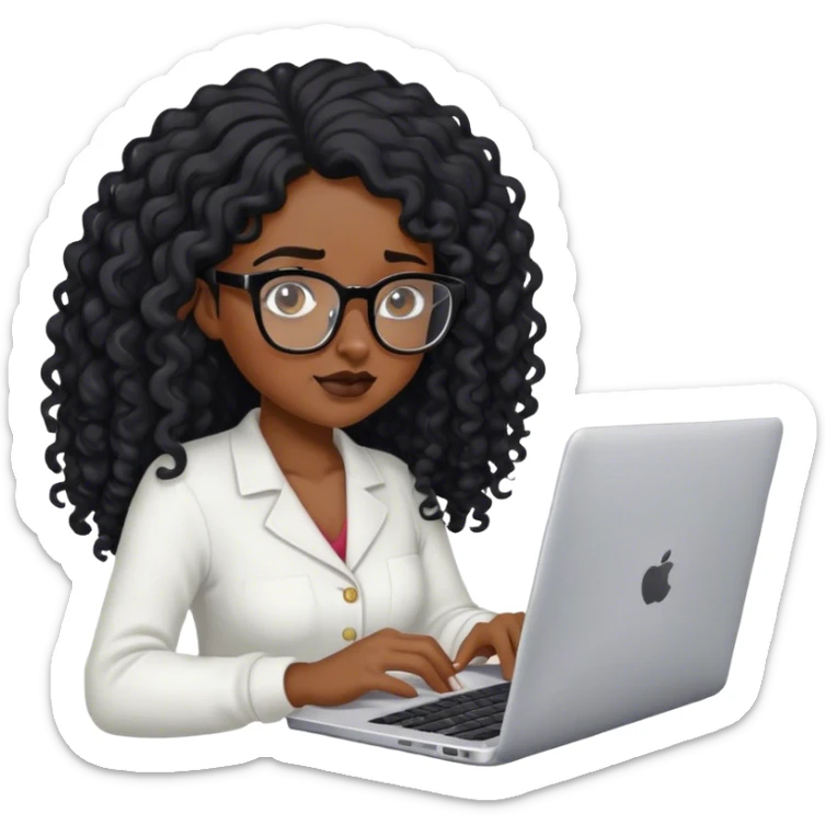 Black girl pretty with glasses and long curly hair black trying to work on laptop sticker