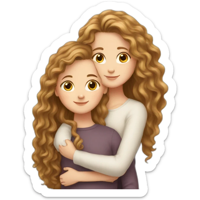 White girl with long brown curly hair hugs white girl with light brown straight hair  sticker