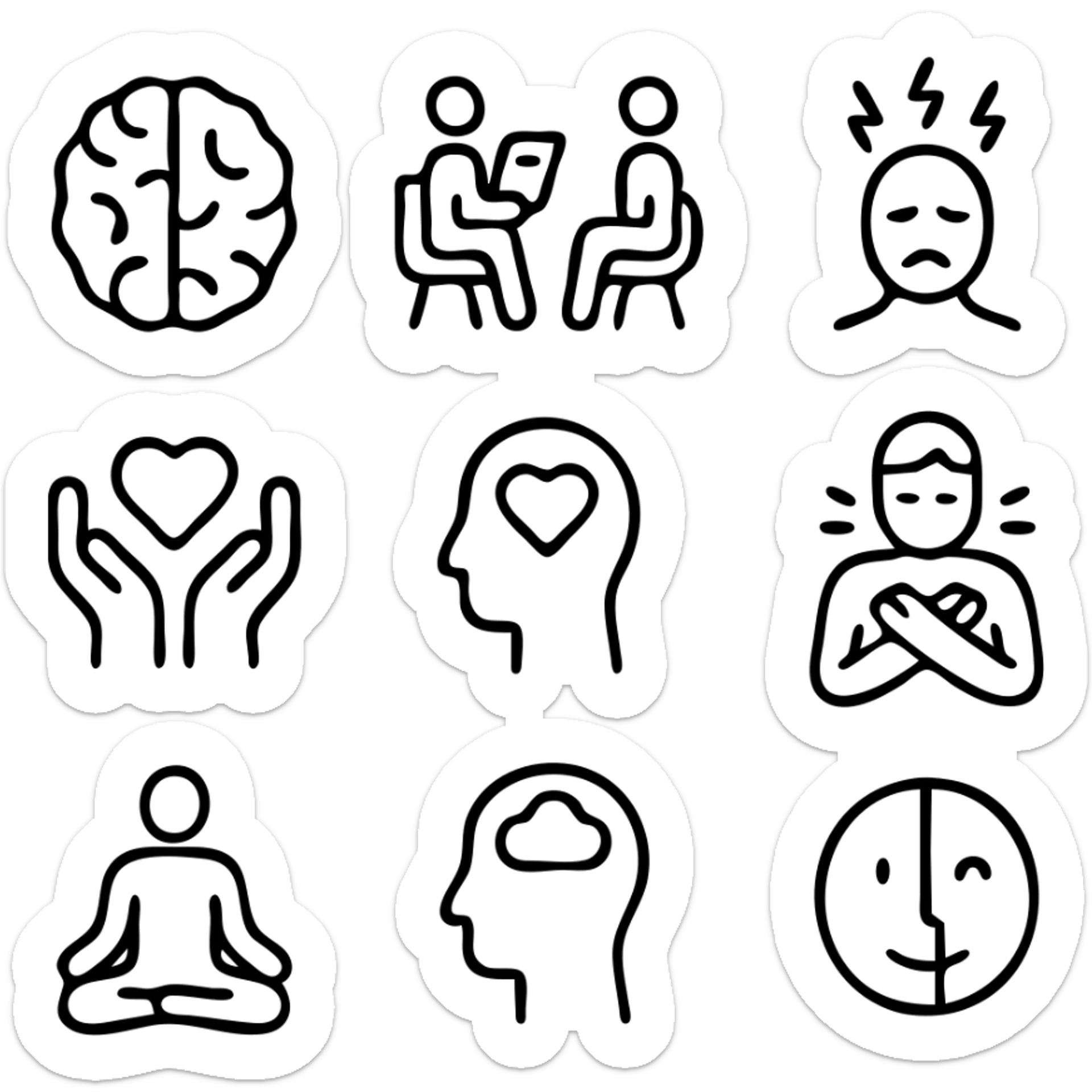 Mental Health icon set. Wellness and psychology related line icons: brain, therapy, stress, support, self-care, mindfulness, meditation, depression, counseling and emotion . Editable stroke.
 sticker