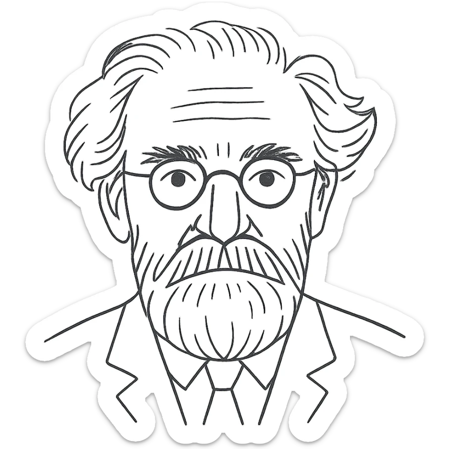 a hand drawn black outline portrait of philosopher Gaston Bachelard with similar-sized eyes based a famous portrait of him, with less messy hair sticker