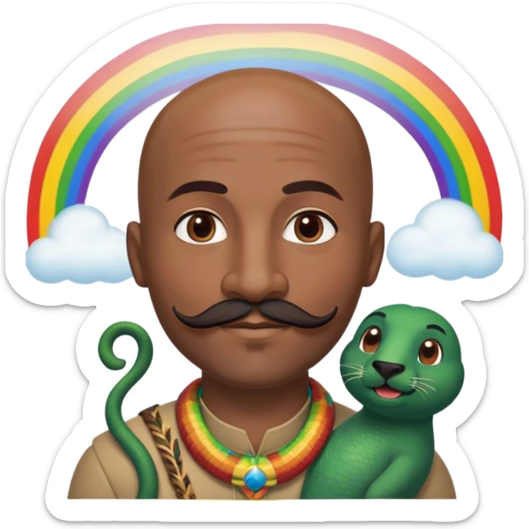 Oxumarê as a happy 37-year-old bald man with very dark skin tone, smooth oval head, indigenous facial features, mustache with circular beard only on chin (no hair on sides), a round mole on the right side below the lip, accompanied by a rainbow serpent, Memoji style sticker
