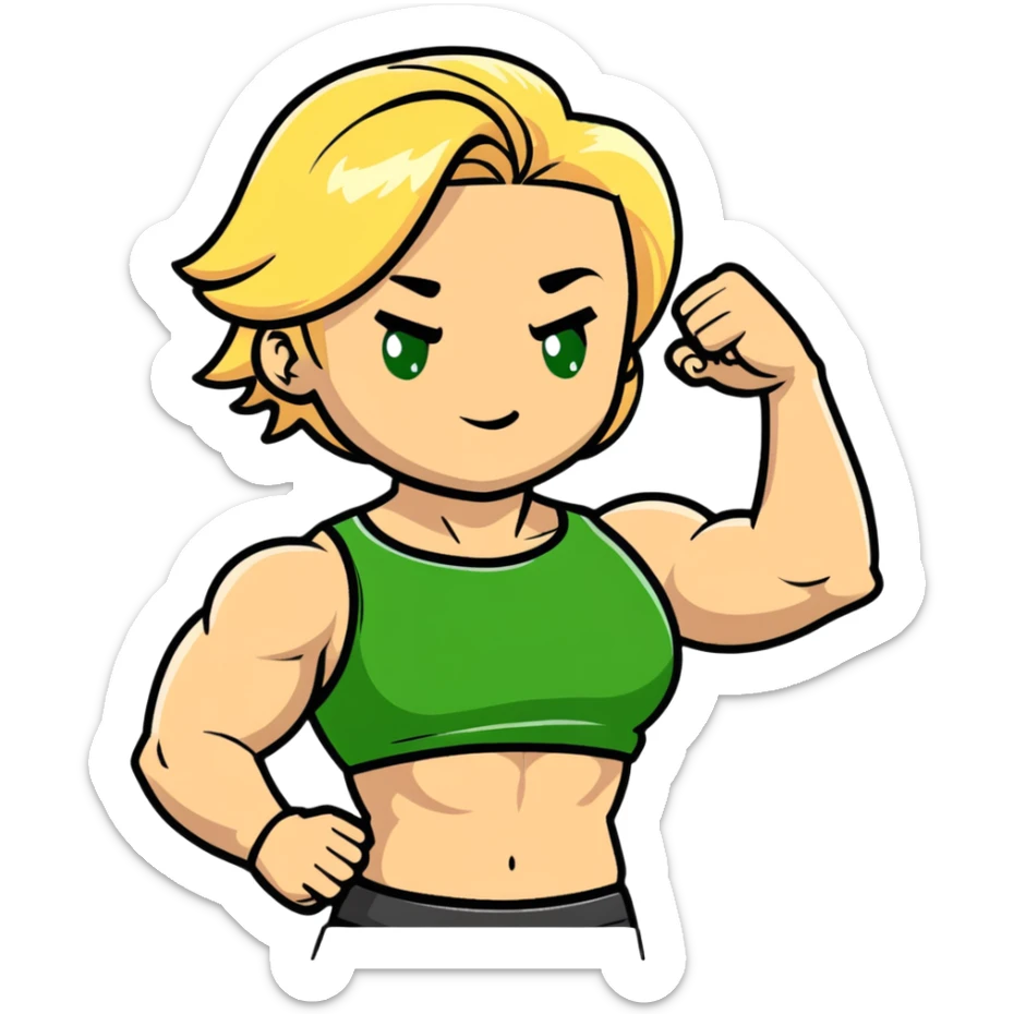 muscular white girl with blonde hair and green eyes, flexing 6 pack abs and one arm bicep sticker