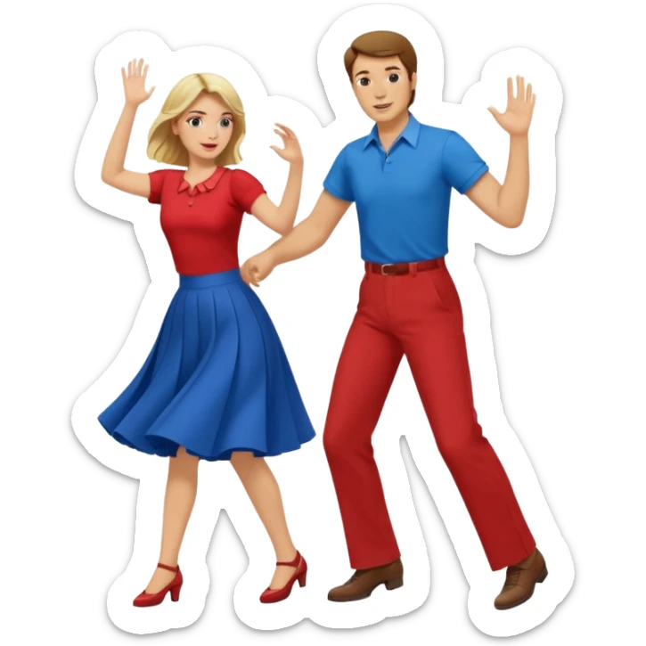 Two people. Man in red shirt and  red pants with brown hair. Women in blue shirt and long skirt with blond hair. Swing Dancing sticker