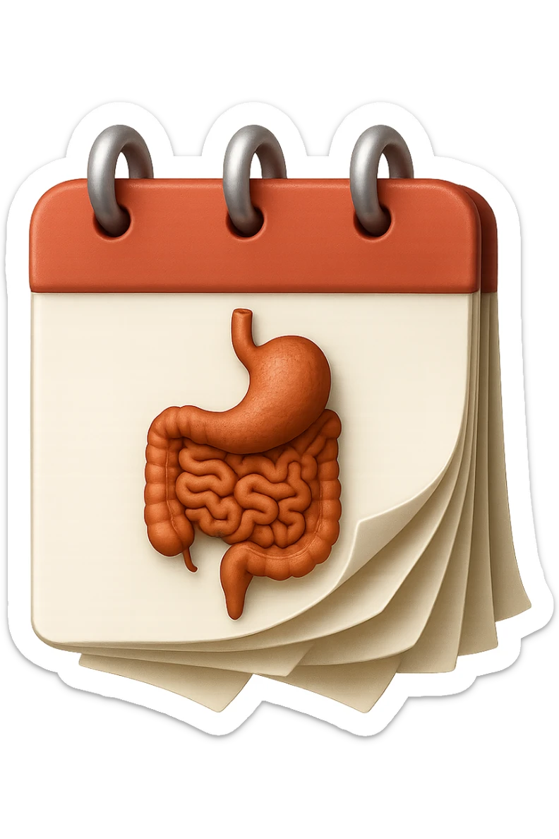 emoji stile iphone di un calendario con fogli che volano insieme a pezzi anatomici di colon umano, iperrealistico 4k, isolato su sfondo bianco sticker