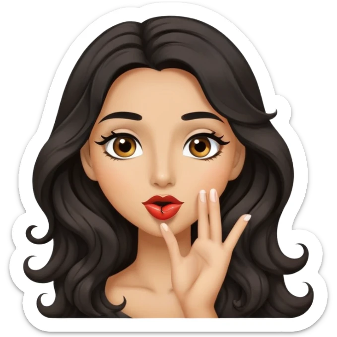 woman with olive skin, brown eyes and long lashes, and long black wavy hair blowing a kiss sticker