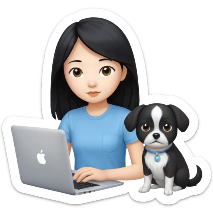 Asian girl with long black hair, wearing a light blue t-shirt, working on an Apple laptop, beside a small black and white dog sticker