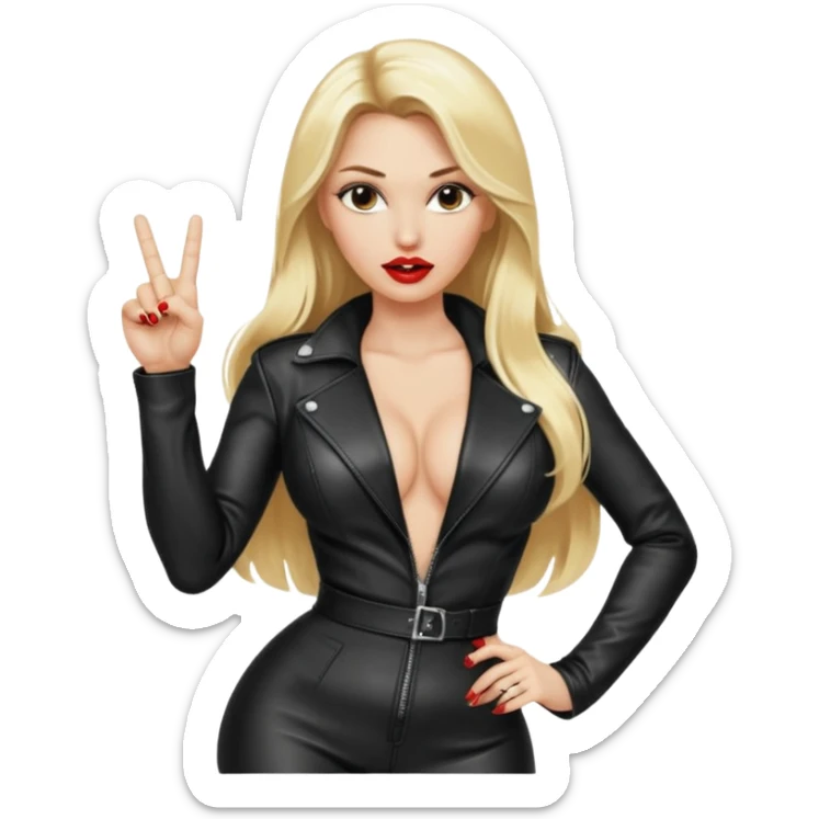 a hott good looking blonde with large breasts, red lips, and long blonde hair with leather sexy outfit and leather high heel boots and she is saying fuck you by giving the universal sign with her middle finger sticker