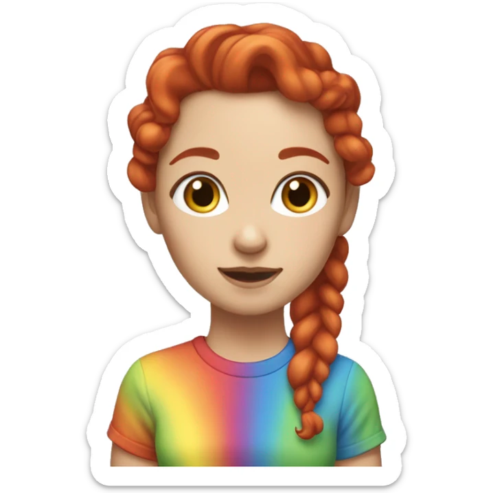 "A white woman with lengthy red curls in a ponytail, wearing a rainbow cat shirt, being cute." sticker