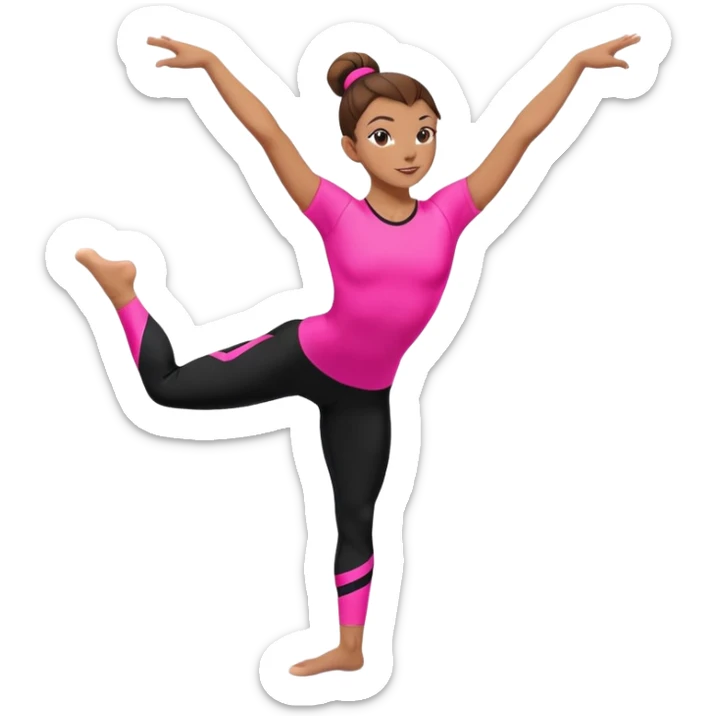 A female gymnast with brown hair in a neat bun, wearing black leggings and a T-shirt with neon pink elements, performing an acrobatic move. sticker