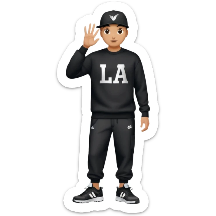 Crea Un Emoji De Cuerpo Completo Que Sea Hombre Con Corte Alucin Que Tenga Gorra Nike, Suéter Negro Que Tenga La Letras LA El La Parte Del Corazón, Zapatos Adidas Con Una Palomita✅, Pantalón Ancho O Bellaco Con Unos Diseños De Palomas Blancas Y Asiendo Una Pose Con Su Mano Que Sea Está 🤙🏽. sticker