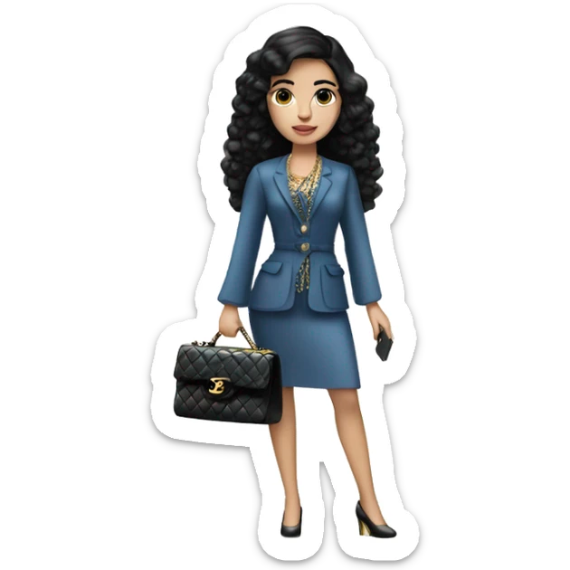 Spanish girl,black hair,blue eyes,standing,fashionably dressed,carrying a chanel bag sticker