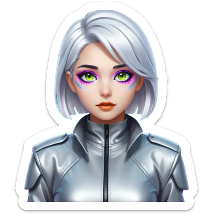 A half-body shot of a young woman with silver hair and strikingly sharp features. She’s wearing futuristic makeup and a metallic jacket, standing against a neon-lit urban background sticker