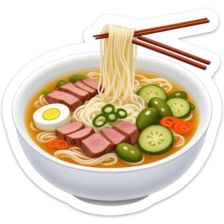 Guilin rice noodles with pickles and meat in soup, simplified emoji style with bold outlines and bright colors, cartoon style Guangxi specialty Mi Fen sticker