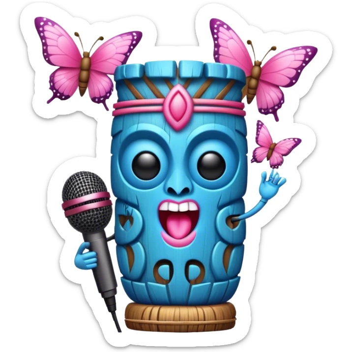 Cartoon Blue and pink tiki singing with butterfly and in the mikrophone sticker