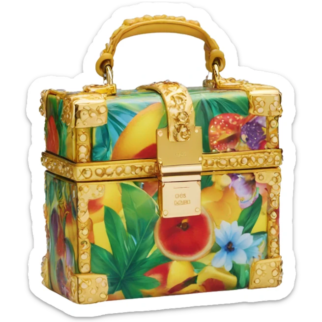 Dolce and Gabbana small box bag with colourful summer print and golden detais 2023 sticker