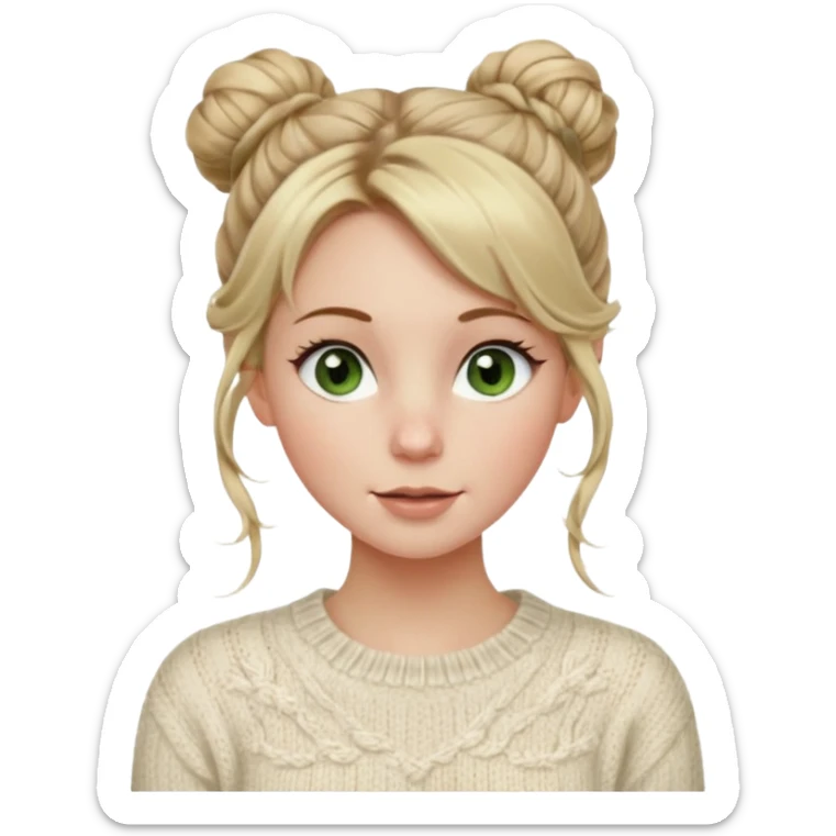 dirty blonde hazel  green eyes woman with a white cable knit sweater and one messy bun with tendrils of hair flowing down her face and she is happy pale, some freckles, blush. she has a cateye wing and long lashes sticker