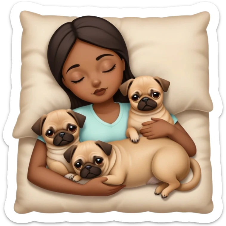 one brown girl and two pugs and one chihuahua pug mix sleeping  sticker