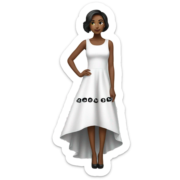 White high low dress with black words on the bottom of the dress  sticker
