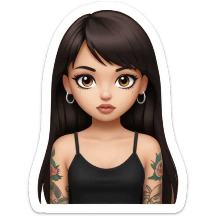 generate a pretty bratz girl in black cami top, dark brown straight long hair with bangs, eyeliner on, with tattoos sticker