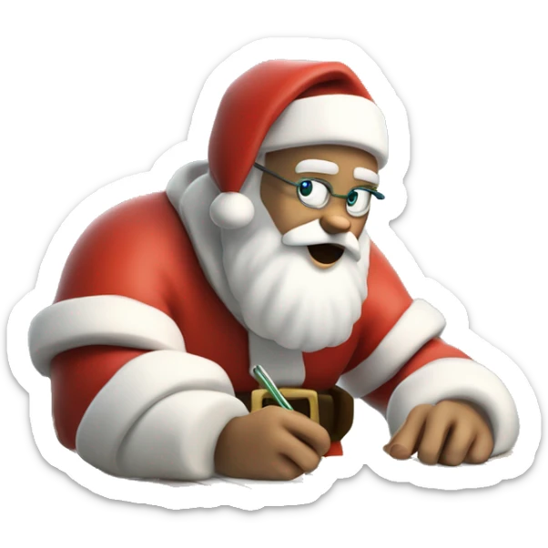 White Santa Claus is sitting on a desk, writing something down on a sheet of paper, solving complicated math puzzles  sticker
